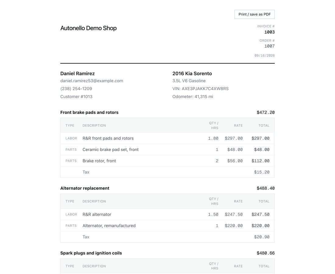 An invoice broken into labor and parts lines for each job