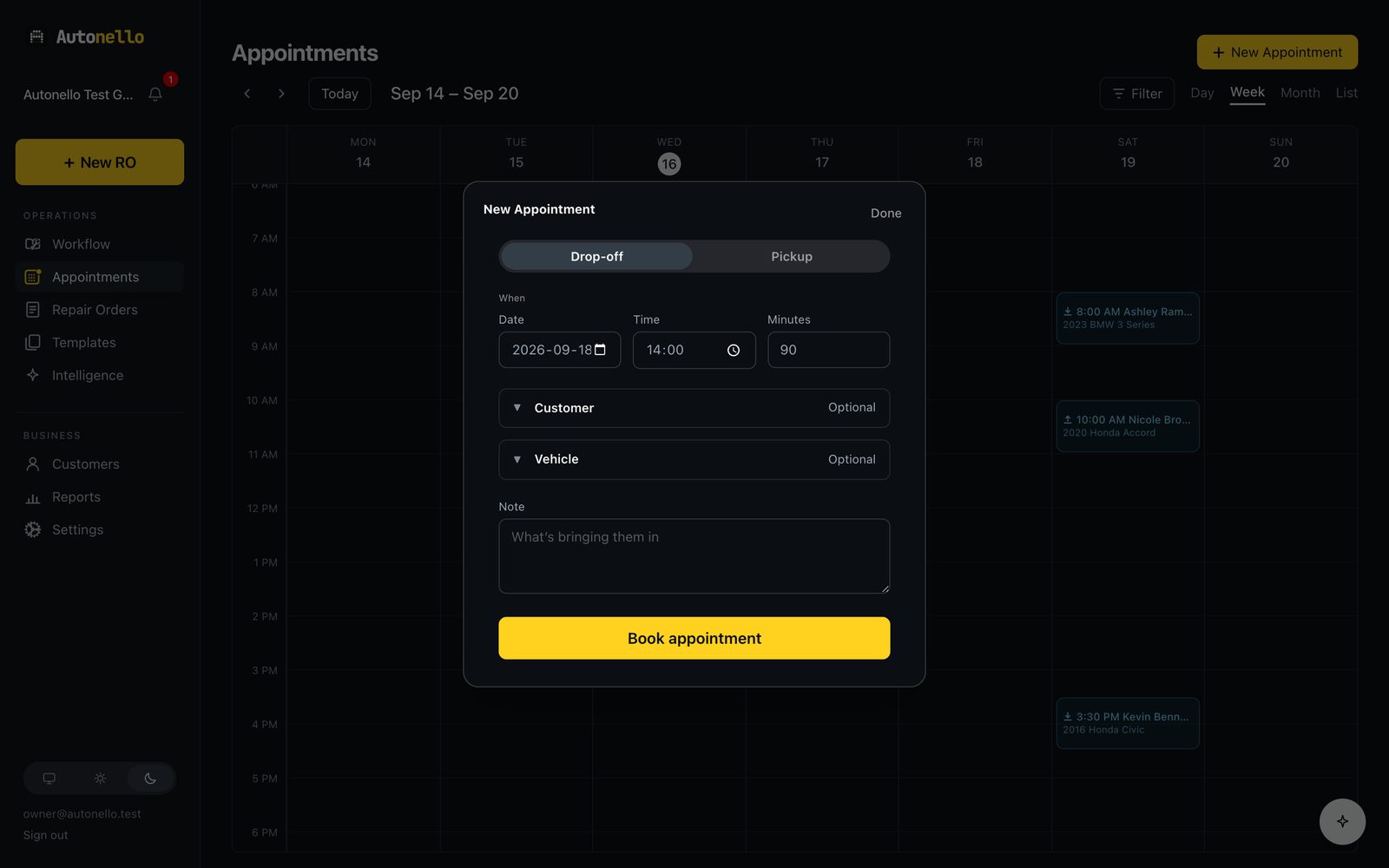 The week calendar with a new appointment panel open