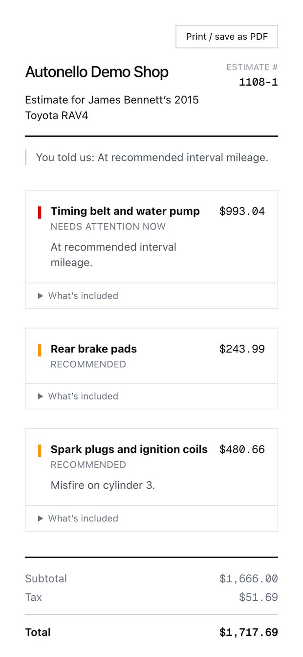 The estimate as the customer sees it on a phone, each job approved on its own