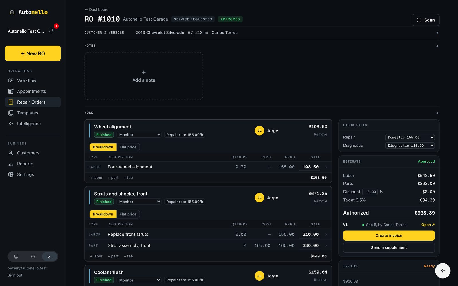 A repair order drafted with jobs, labor and parts lines, and an estimate ready to send